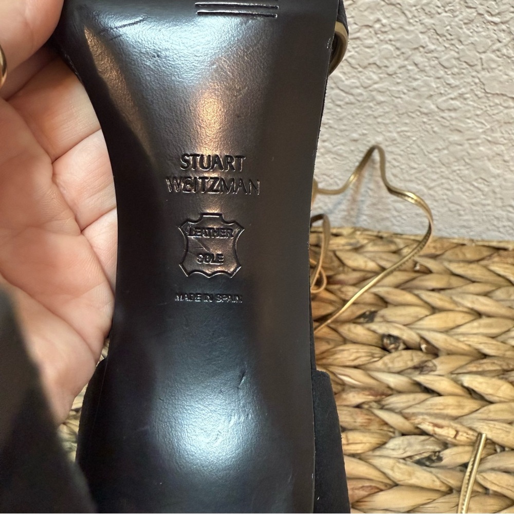 Stuart Weitzman Velvet Black Heels with Gold Tie Up The Ankle Straps - Picture 6 of 6